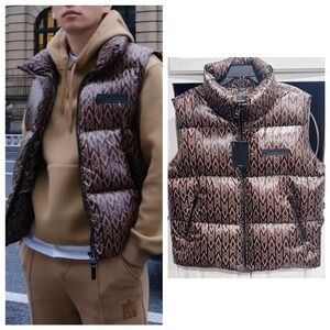 Mackage Coffee Kane MG Logo Monogram Print Quilted 800 Down Vest Mens Size 46